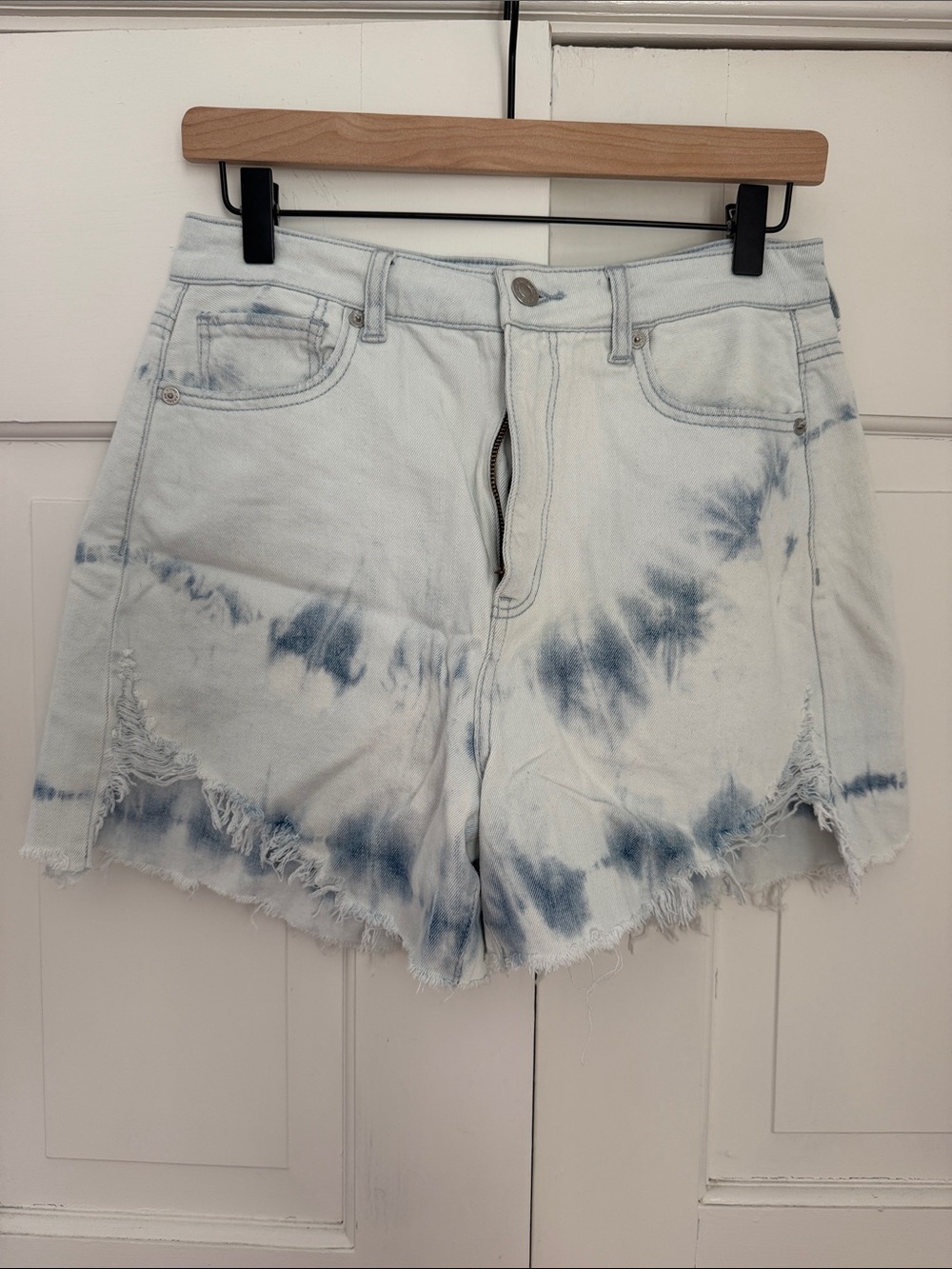 American Eagle Outfitters Tie-Dye High-Rise Denim Shorts - White & Blue